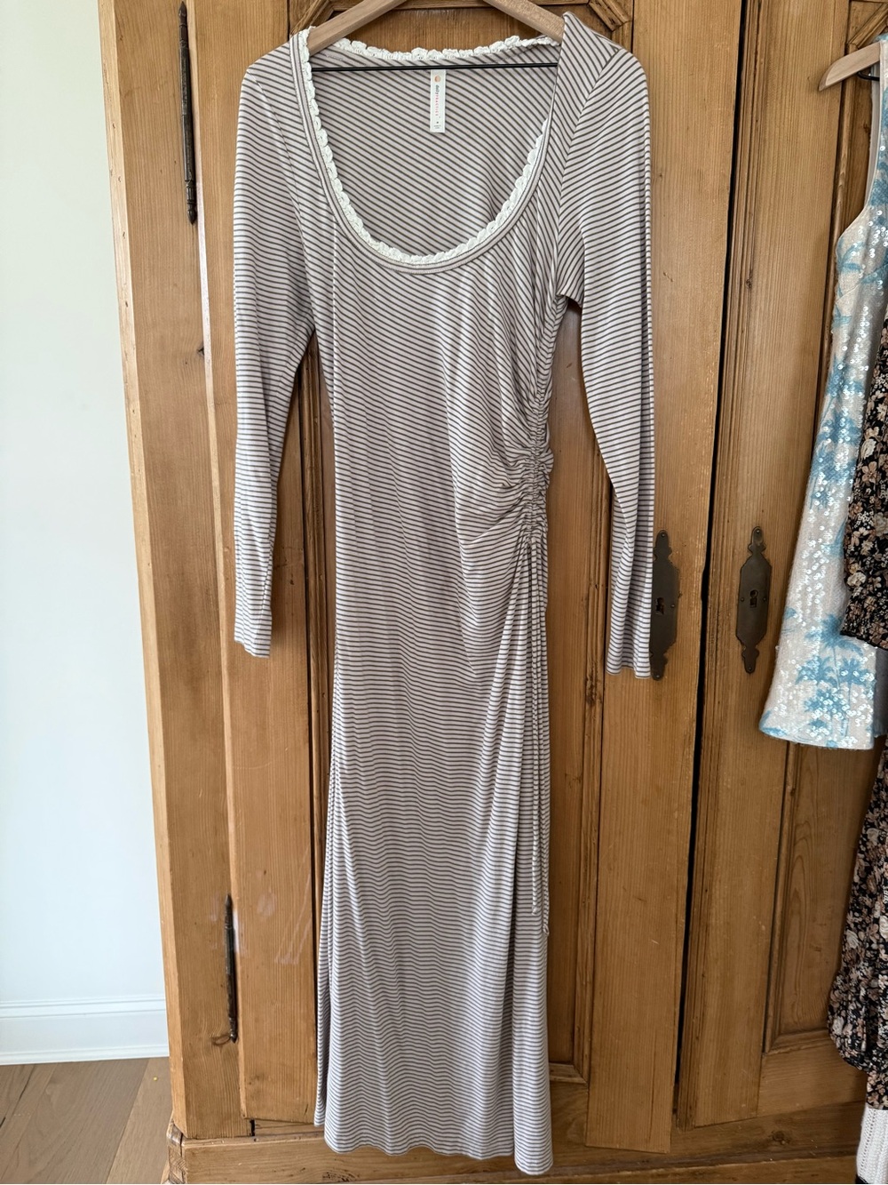 Striped Long-Sleeve Maxi Dress in Taupe and White